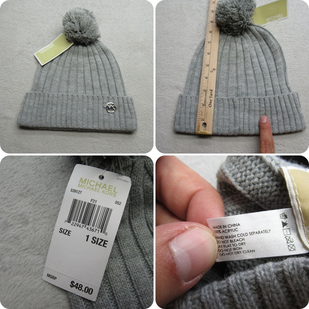 Michael Kors Beanie Hat Unisex One Size Gray Pom Pom Logo Winter Ribbed Knit NWD